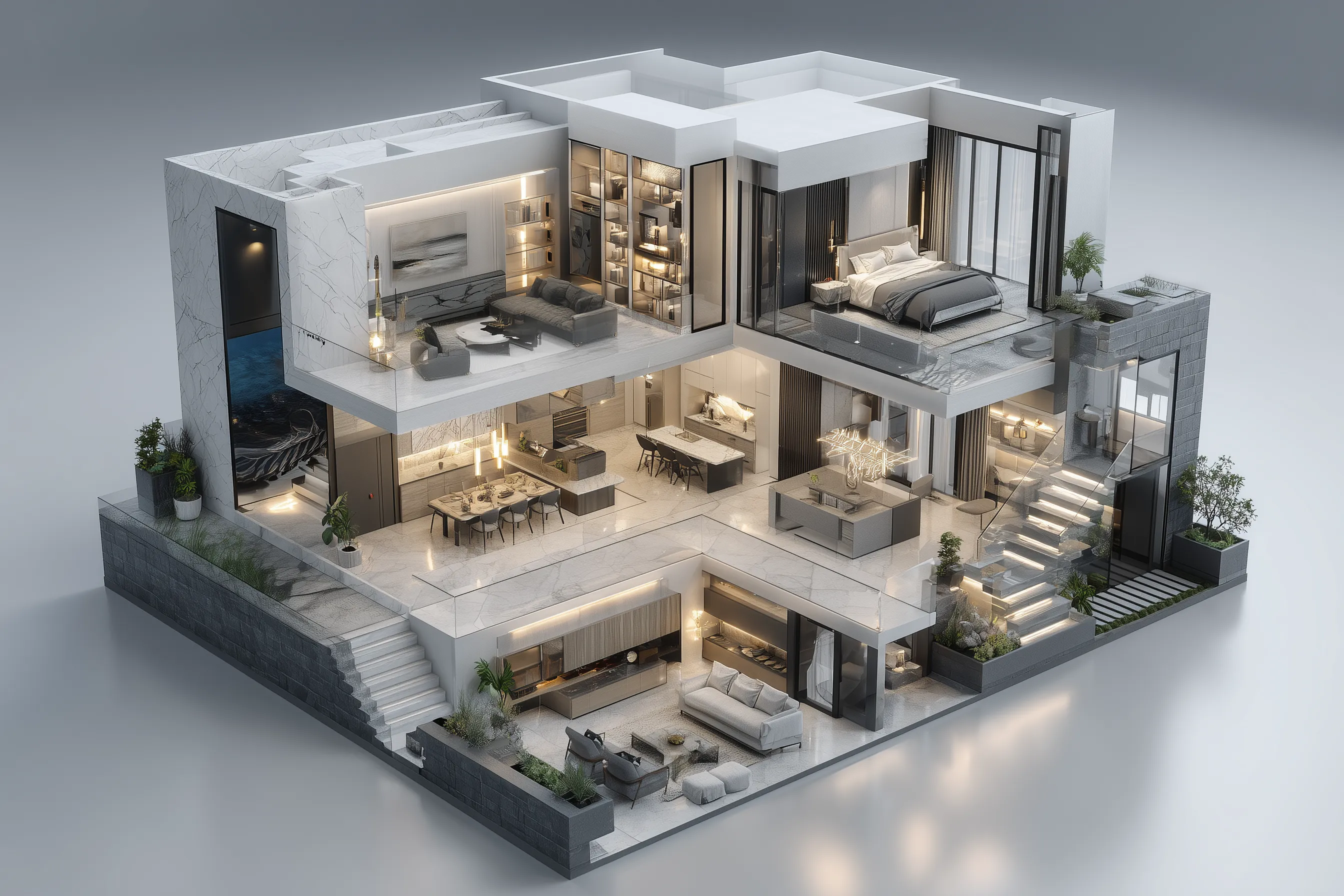 3D dollhouse view of a furnished modern home, captured with Georend